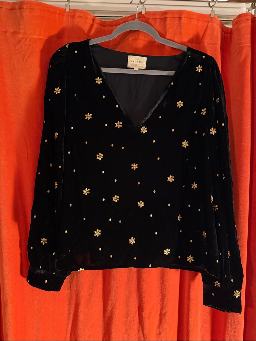 Sezane Black Velvet V-Neck blouse with Gold Embroidery